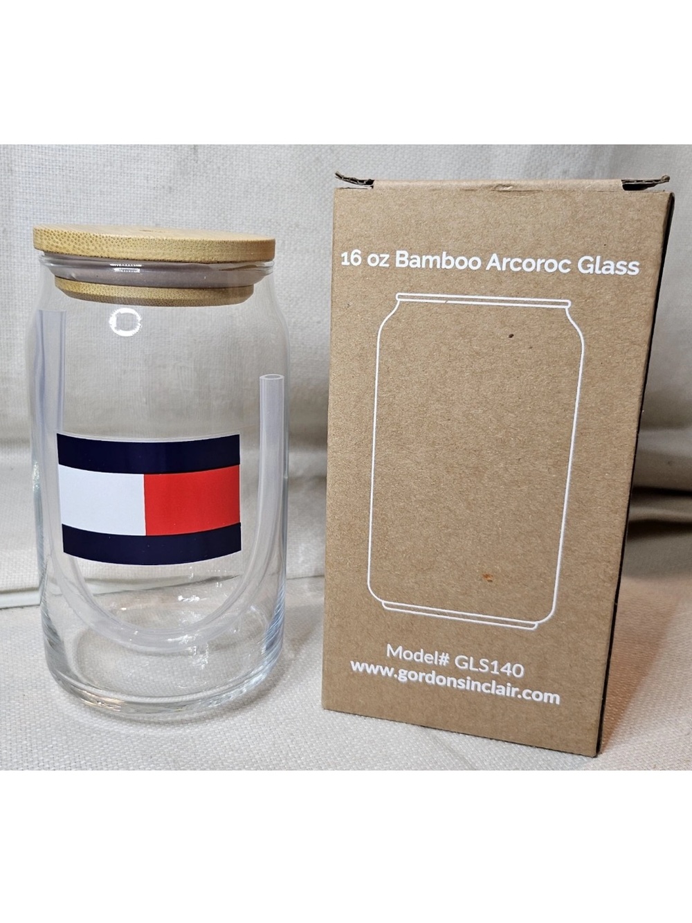 Tommy Hilfiger Glass Tumbler with Bamboo Lid - Red/White/Navy